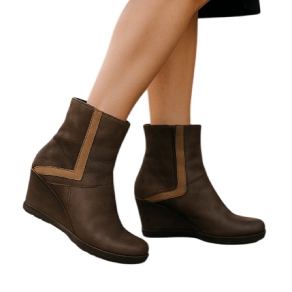 MJUS Wedge Leather Suede Panel Boots Taupe Brown Tan Over Ankle Side Zip Size 37 - Picture 1 of 12